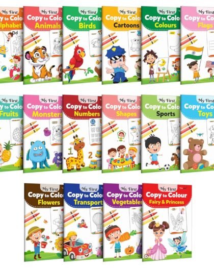 My First Copy to Colour - Alphabet, Animals, Birds, Cartoons, Colours, Monster, Flowers, Fruits, Numbers, Shapes and more : Children colouring book, Copy and colour book | Pack of 16 Colouring Books